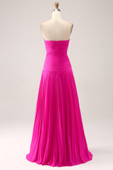Fuchsia A Line Sweetheart Plisseret Nøglehul Lang gallakjole med slids